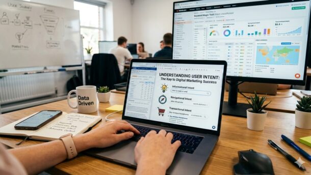 a guy using computer and you see user intent