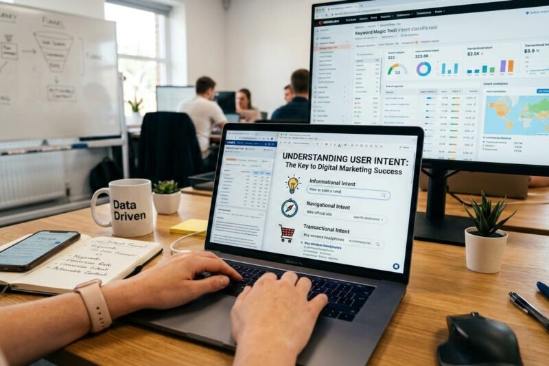 a guy using computer and you see user intent